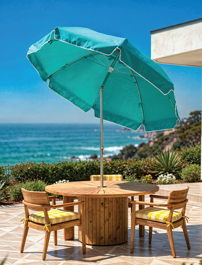 Commercial fabric patio umbrella with an adjustable tilting canopy for flexible outdoor dining shade